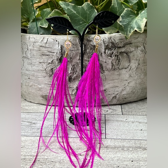 Long Dangle Pink Feather Hippie Chic Earrings - Fun Boho Chic Earrings - Picture 11 of 13
